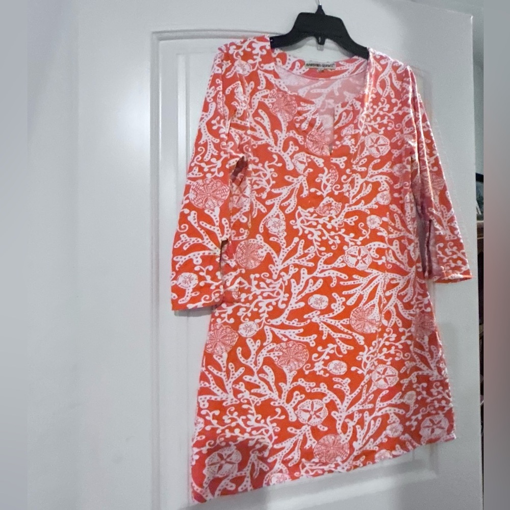 Coral & White seashell sand dollar Printed Long-Sleeve Shift Dress